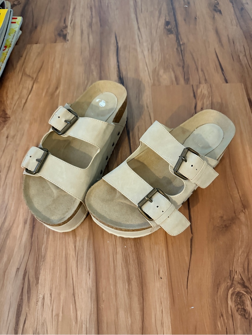 Altar'd State Beige Double-Buckle Platform Slides